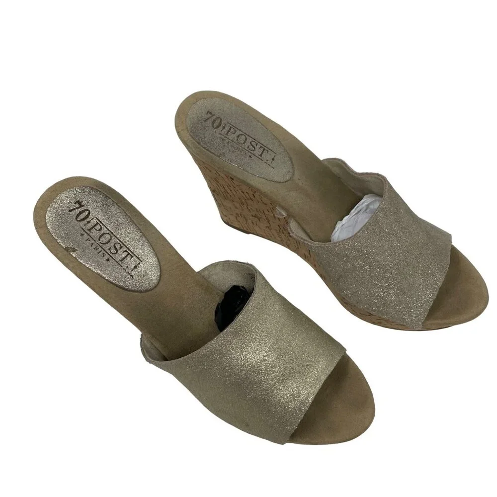 70 Post Paris Lainie Gold Leather Wedge Size 8.5 Open Toe Cork Heel